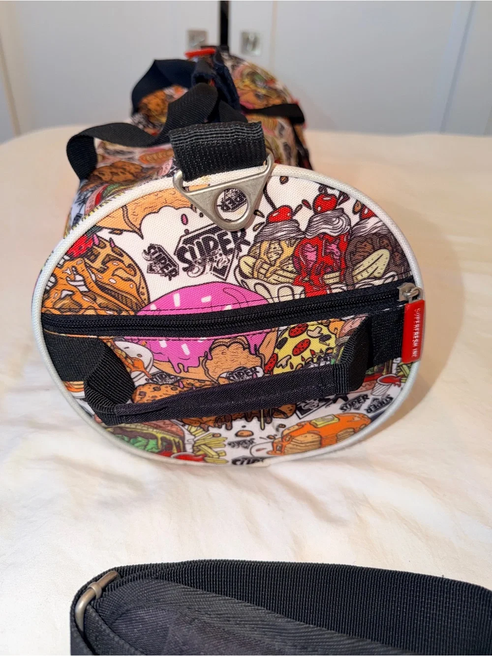 Food-Print Duffel Bag in Pink, White & Multicolor - Fashion Travel Tote